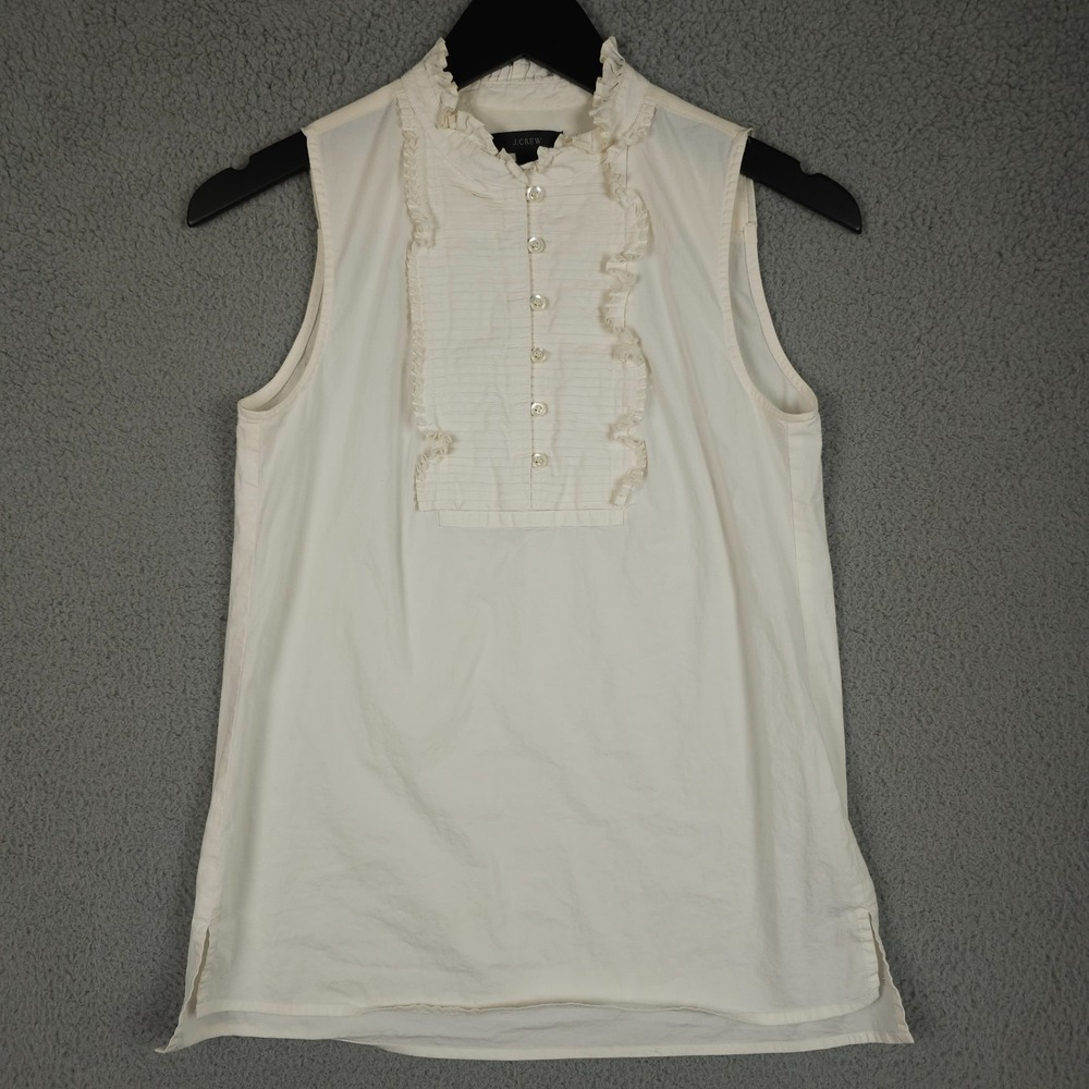 J Crew Shirt Womens 2P Cream Pleated Bib Ruffled Sleeveless High Neck Top Preppy